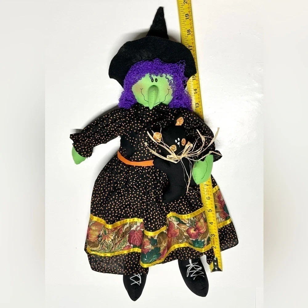 Halloween Witch Plushie 20” w/ Black Cat Shelf Sitter Husk Bow Tie Autumn